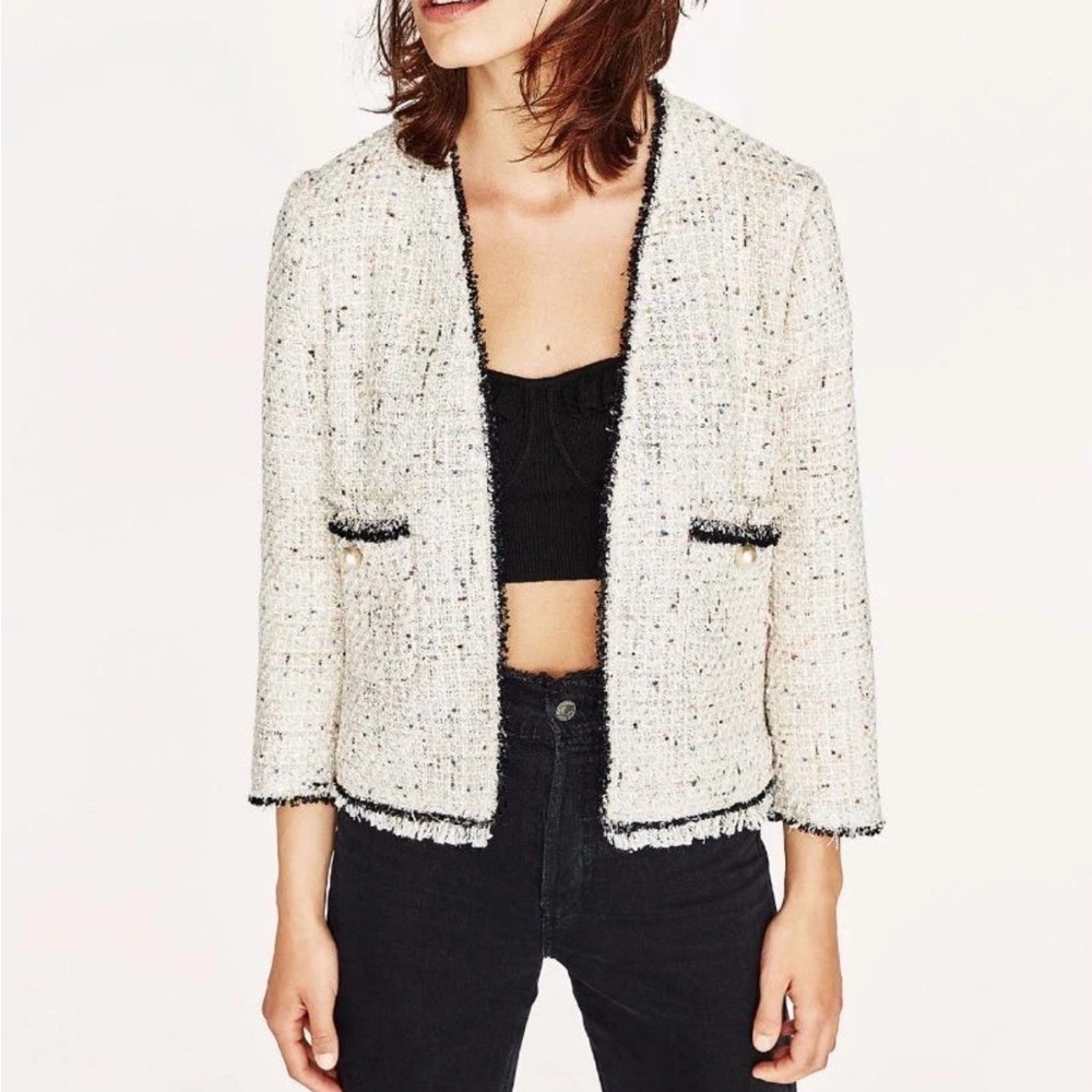 Zara Ecru Sequined Tweed Blazer with Pearl Button Accents on Pockets - Size S